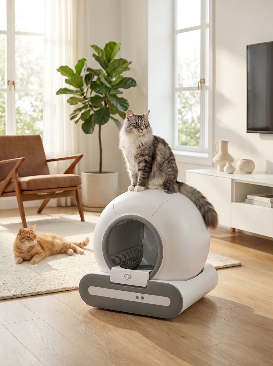 Deux chats dans un salon avec une litière autonettoyante GroomyHub, l'un perché dessus, l'autre allongé sur le tapis