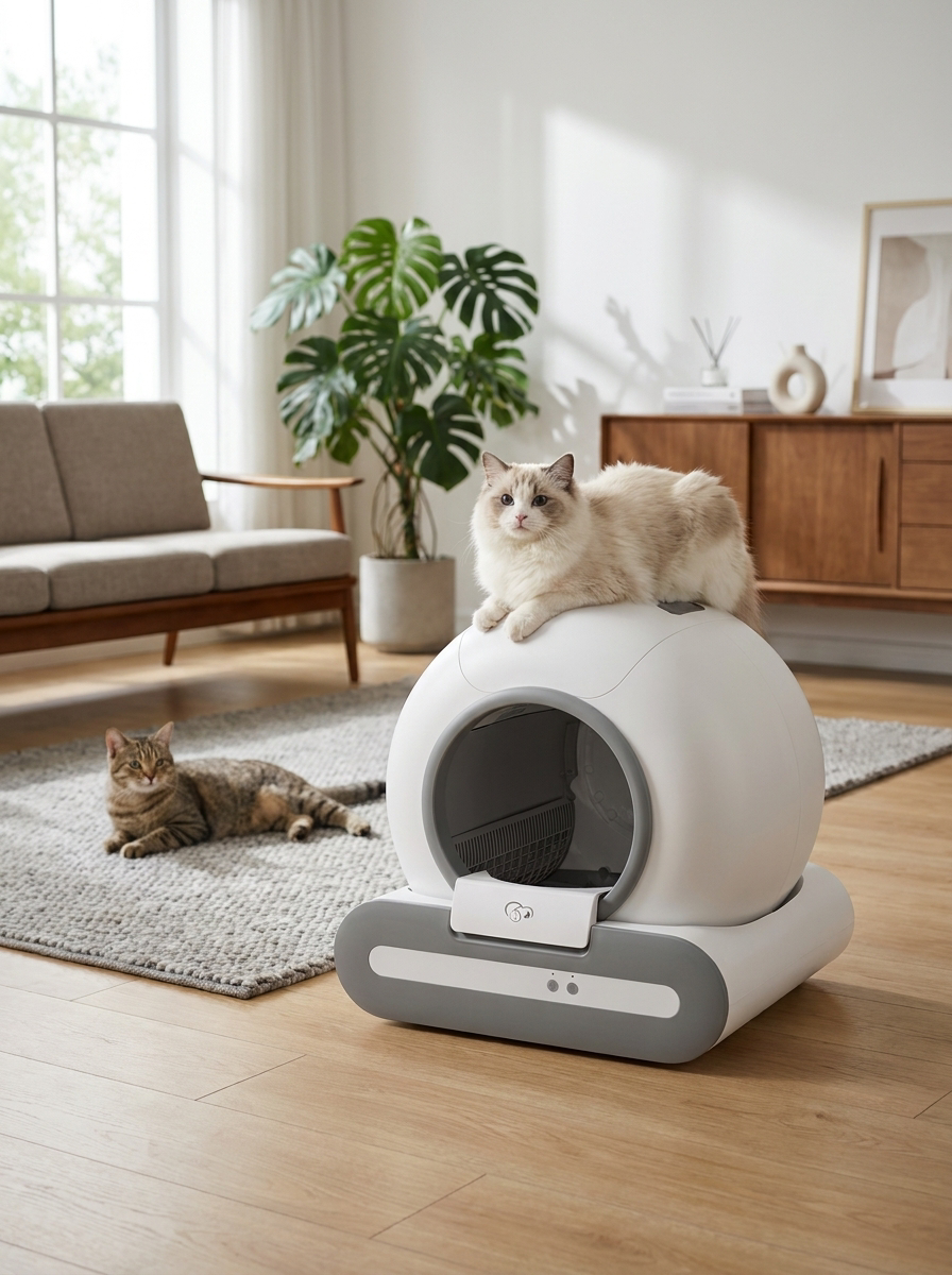 Deux chats détendus à côté d’une litière autonettoyante GroomyHub dans un salon lumineux