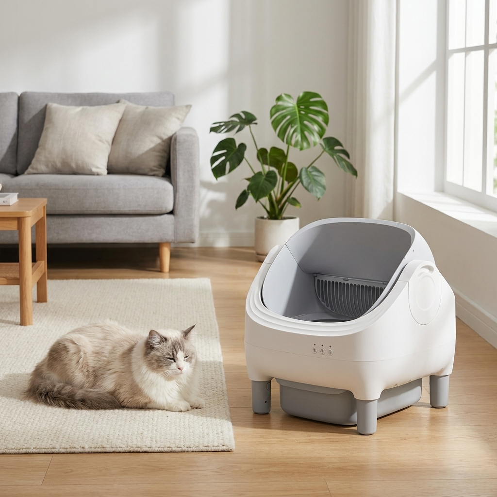Chat aux poils longs endormi paisiblement sur un tapis à côté d'une litière autonettoyante Maxi-F dans un salon