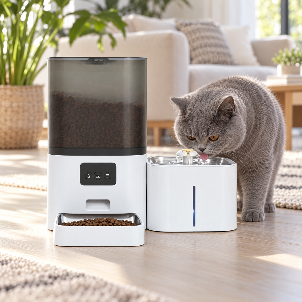 Chat gris British Shorthair près du distributeur de croquettes et de la fontaine Duo-F, dans un salon lumineux
