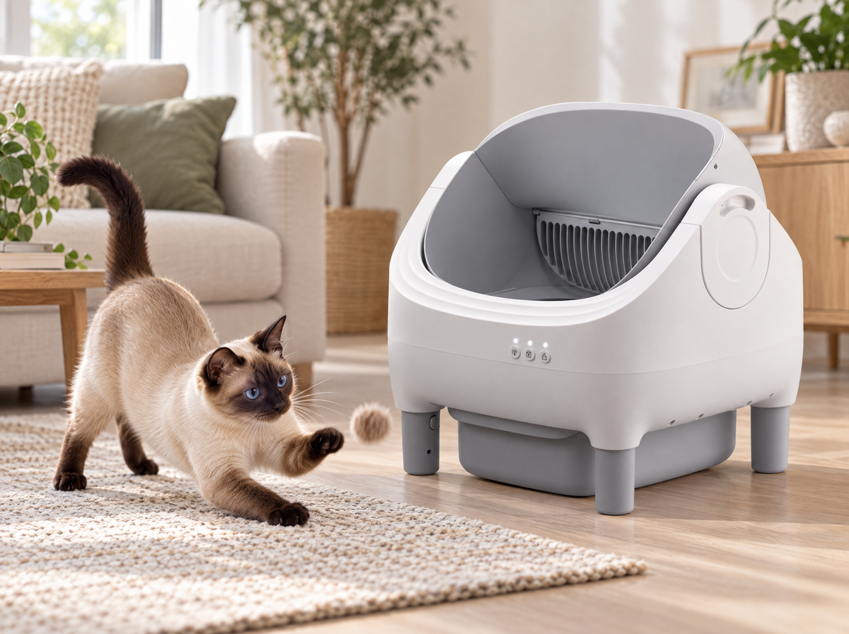Chat près d'une litière autonettoyante ouverte, dans un salon lumineux