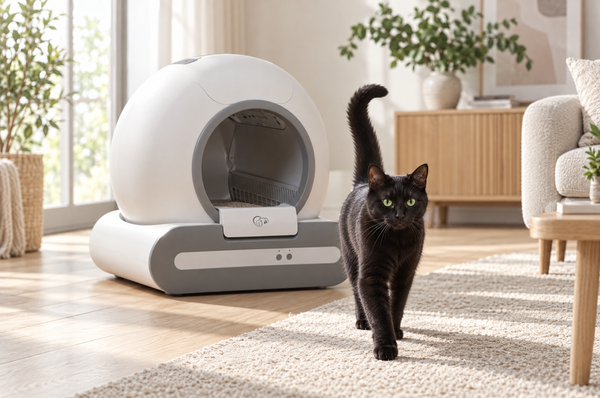 Chat noir marchant sur un tapis, litière autonettoyante en arrière-plan, dans un salon lumineux