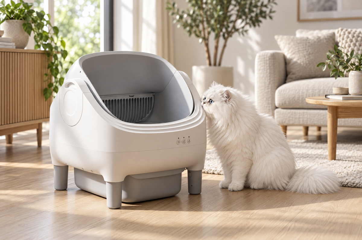 Chat blanc à poils longs reniflant l'ouverture d'une litière autonettoyante, dans un salon lumineux