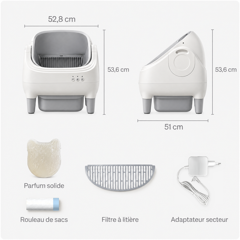 Dimensions de la litière Maxi-F et contenu du colis