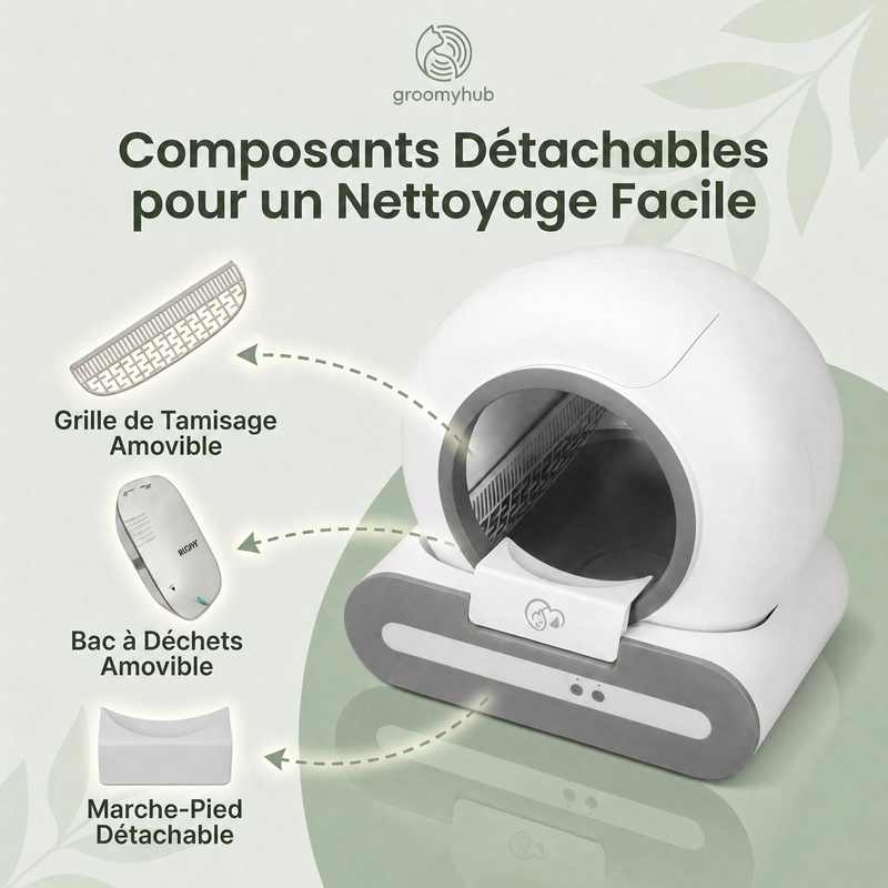 Composants détachables de la litière Ti+ pour un nettoyage facile : grille de tamisage, bac à déchets et marchepied
