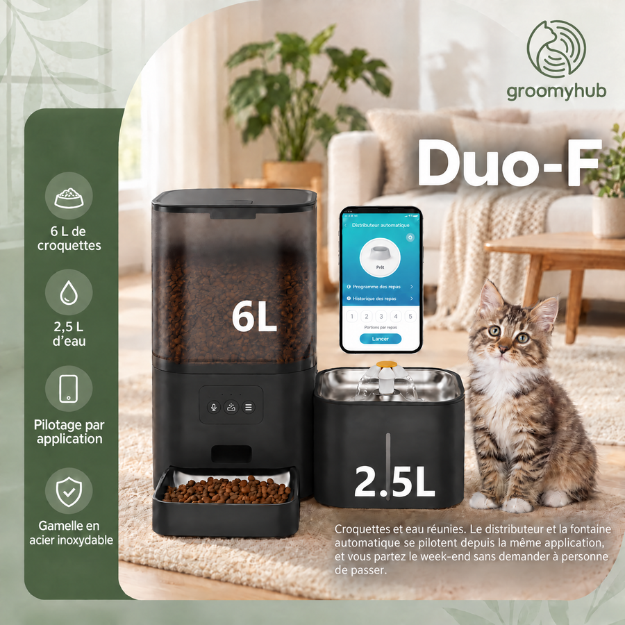 6 litres de croquettes et 2,5 litres d'eau — Duo-F — Distributeur de croquettes automatique et fontaine 6 L + 2,5 L