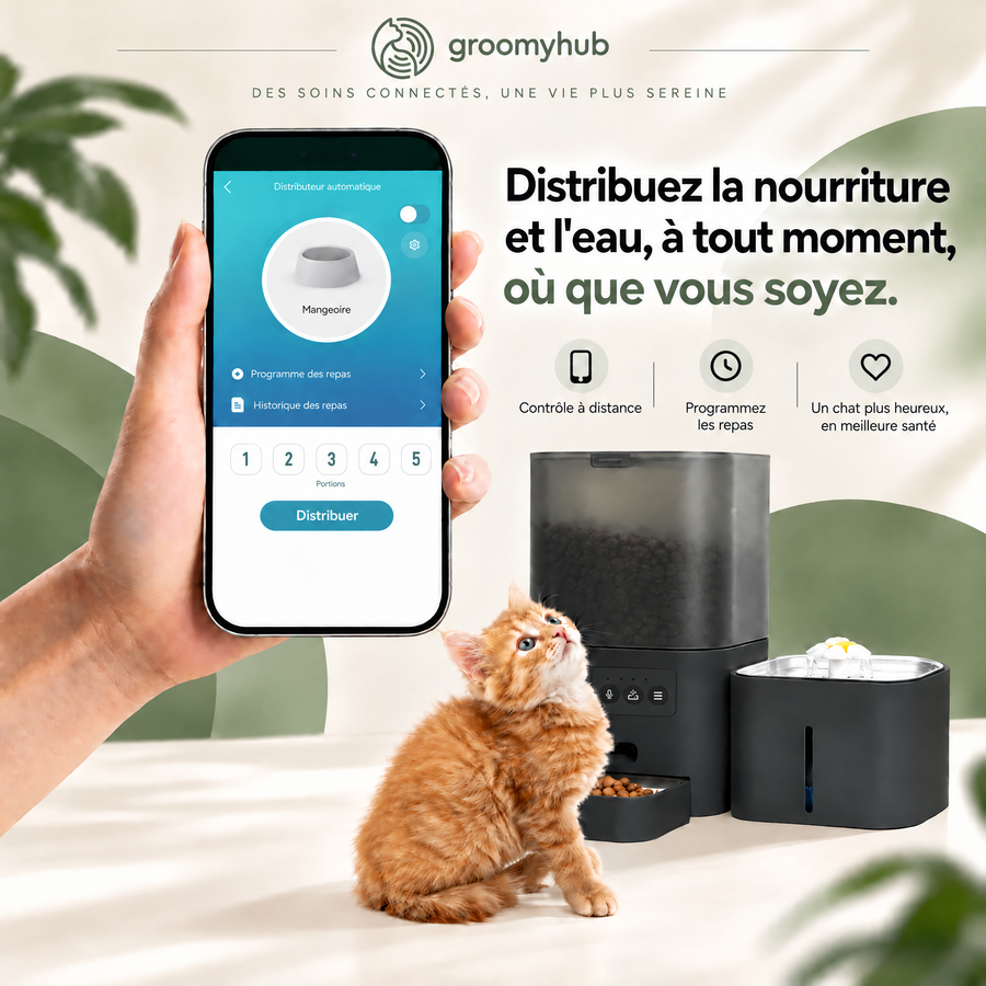 Jusqu'à dix repas par jour — Duo-F — Distributeur de croquettes automatique et fontaine 6 L + 2,5 L
