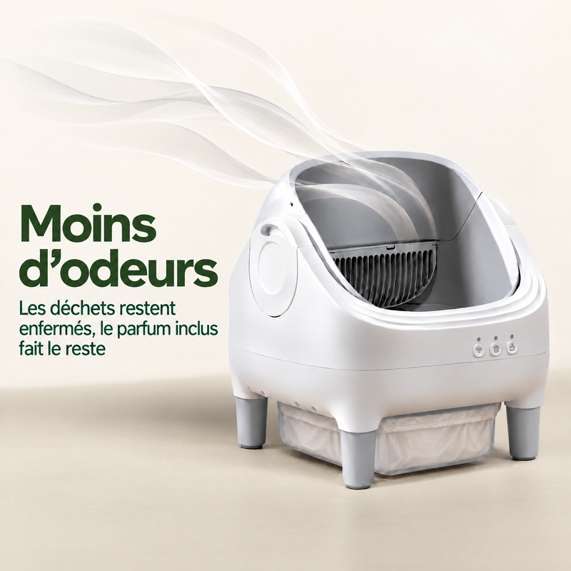 Litière Maxi-F et son bac à déchets fermé avec parfum inclus pour limiter les odeurs